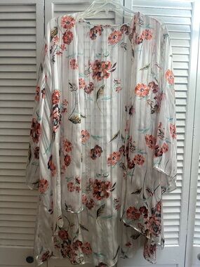 Cato Sheer White Floral Kimono with Coral & Teal Accents